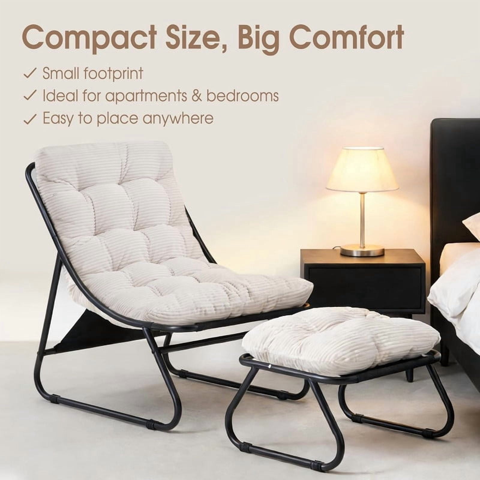 Modern Patio Lounge Chair with Ottoman, Comfy Sling Recliner Chair with Puffy Cushion and Foot Stool for Indoor Outdoor Living Room