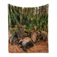 thumbnail image 1 of Rustic Soft Flannel Fleece Blanket, Rusty Broken down Tractor Mule Truck Deep in Forest with Tropical Palm Trees Image, Cozy Plush for Indoor and Outdoor Use, 50" x 70", Brown Green, by Ambesonne, 1 of 6