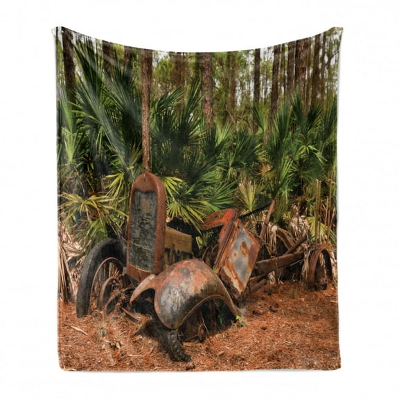 Rustic Soft Flannel Fleece Blanket, Rusty Broken down Tractor Mule Truck Deep in Forest with Tropical Palm Trees Image, Cozy Plush for Indoor and Outdoor Use, 50" x 60", Brown Green, by Ambesonne