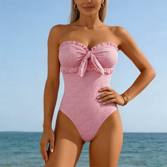 Two Piece Bathing Suit Solid Color Bikini Set Swimsuits for Women Pink M