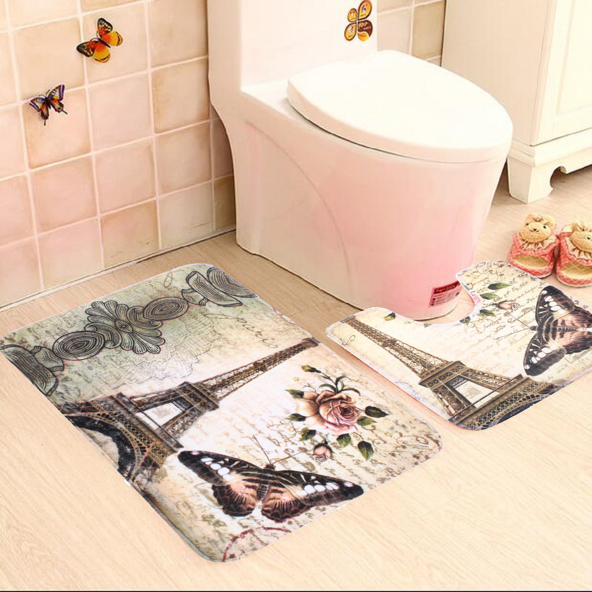2PC/Set Paris Eiffel Tower Bathroom Toilet Seat Bath Rug Carpet Non-Slip Mat Pad 
