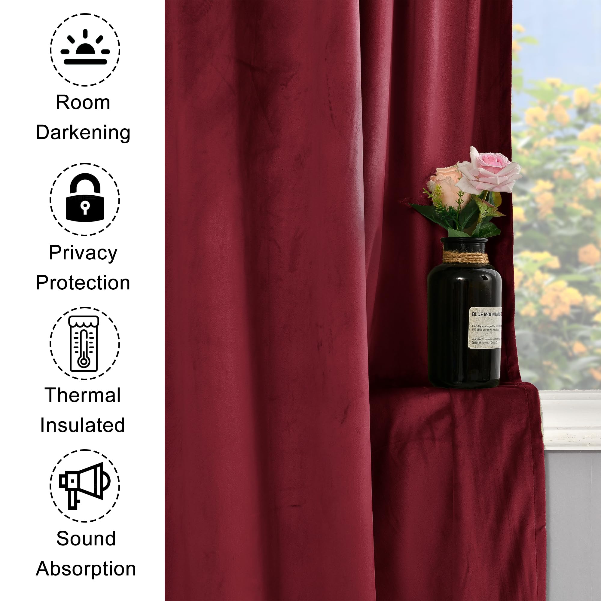 XWZO Red Velvet Backdrop Curtains for Christmas Holiday Decor Set of 2, Rod Pocket Blackout Noise Reducing Drapes for Bedroom Living Room with Tiebacks, 52W x 84L
