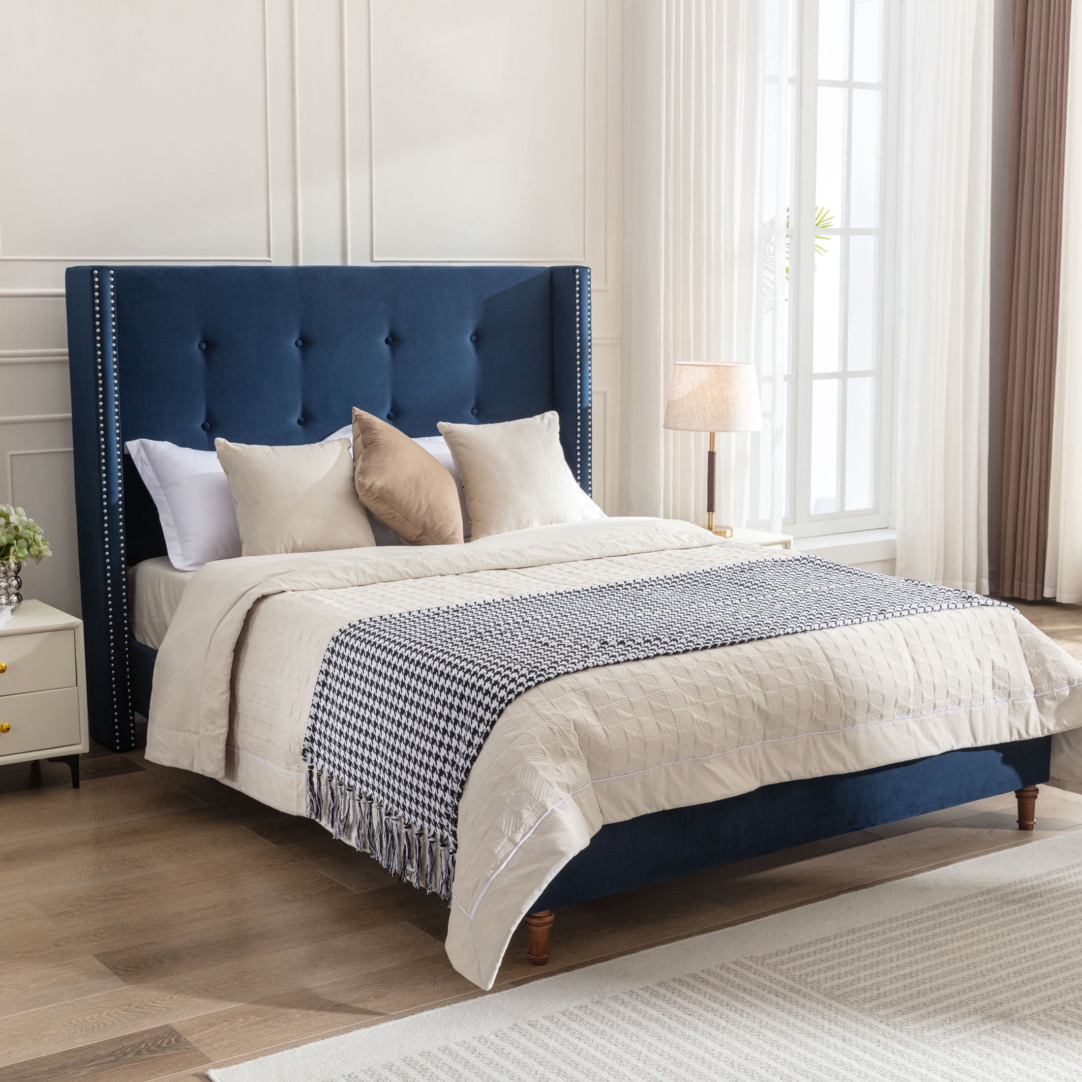 Noble House Peyton Indoor Button Diamond Tufted Velvet Upholstery King Bed with Wingback, Blue