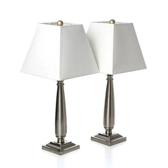 Elin Table Lamp Set, Brushed Nickel Metal Body & White Fabric Shade, (Set of 2)