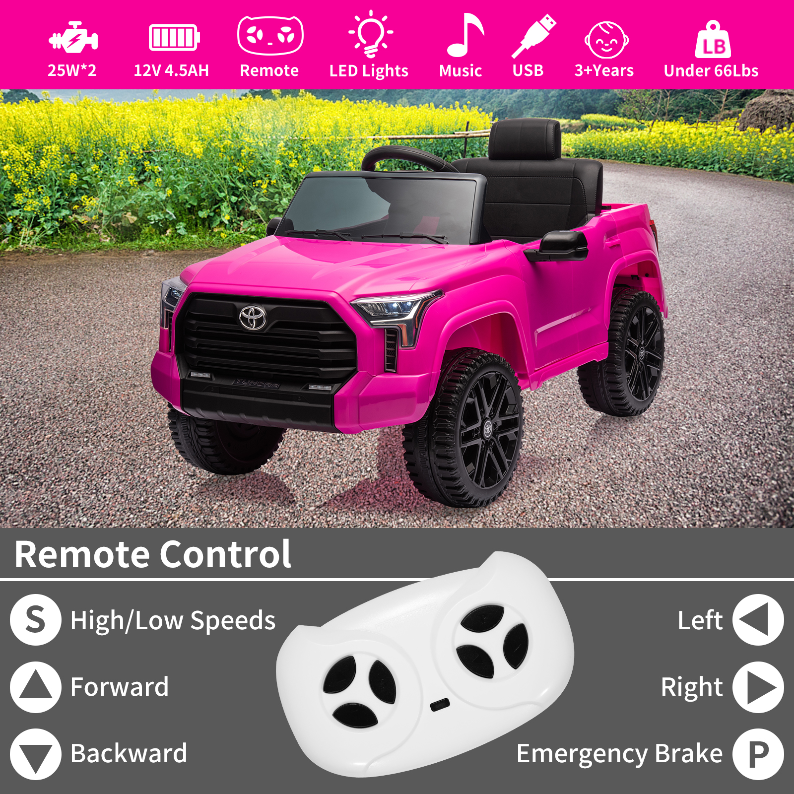 CazToi 12V Ride On Car  Licensed Toyota Tundra Remote Control Music Spring Suspension 3 Speeds LED Lights Gift for Ages 3+