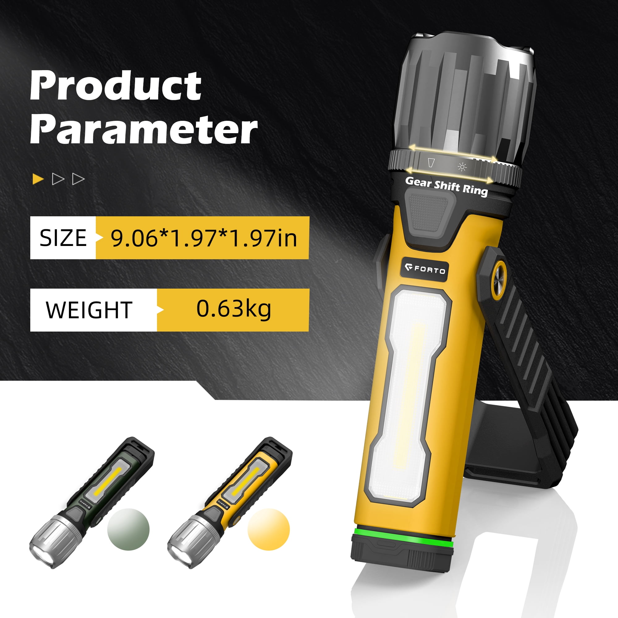 FORTO Magnetic LED Work Light, 2000 Lumens Rechargeable Flashlight, IPX8 Waterproof, 5 Modes, for Auto Repair, Garage, Workshop, Roadside Emergency