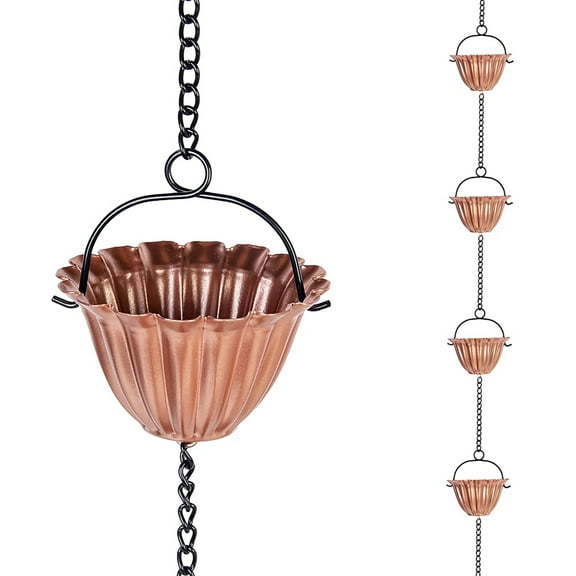9 ft Rain Chain, Thick Metal Rain Gutter Chain with 12 Gold Flower Cups, Adjustable Rainwater Collection Chain