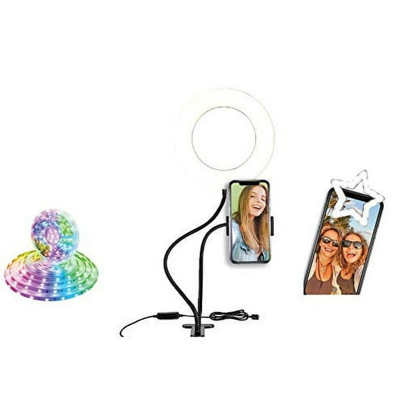Social Media Video Recording Kit - Heavy Duty Phone Holder and Ring Light Stand, 6ft LED Multi Color RGB Light Strip, Clip on Phone Selfie Light
