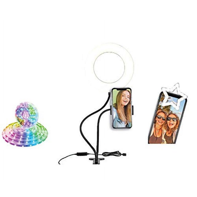 Social Media Video Recording Kit - Heavy Duty Phone Holder and Ring Light Stand, 6ft LED Multi Color RGB Light Strip, Clip on Phone Selfie Light