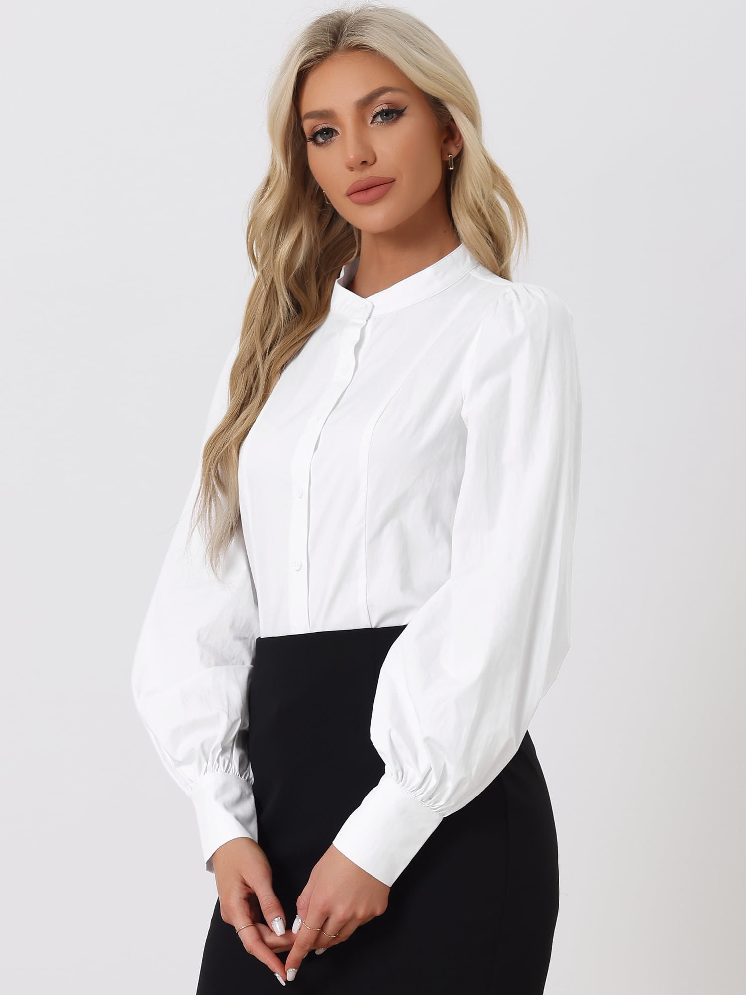 DARING DIVA Women's Band Collar Lantern Long Sleeves Button Down Blouse XL White