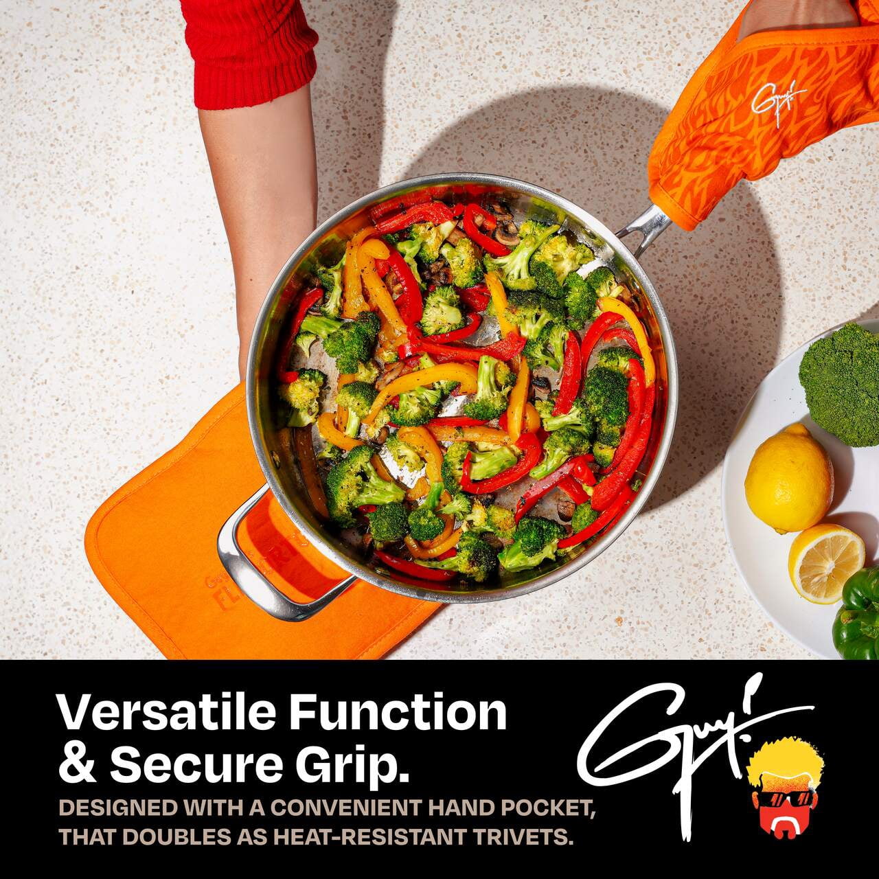 Guy Fieri's Flavortown Kitchen Essentials Bundles, Orange Flame 4-Piece Set, 2 Oven Mitts & 2 Pot Holders, High Heat Resistant up to 450°F