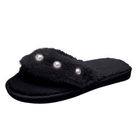 

Lanhui Ladies Cotton Slippers Indoor Warmth Plush Pearl Flat-bottomed Outdoor Plush Shoes