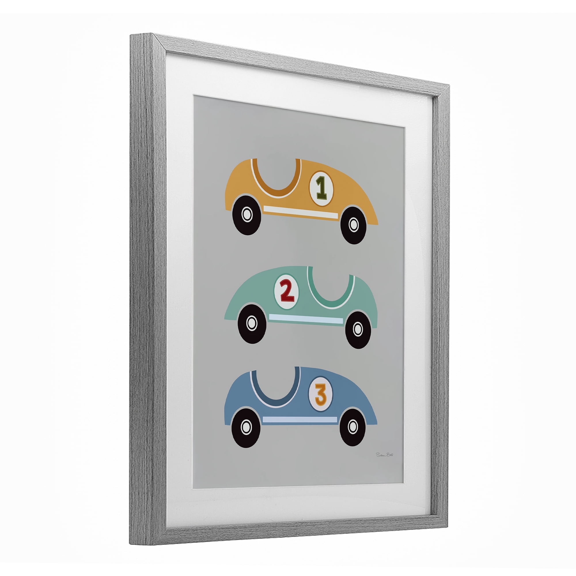 Stupell Industries Vroom Race Cars Gray Framed Print Under Glass, design by Susan Ball