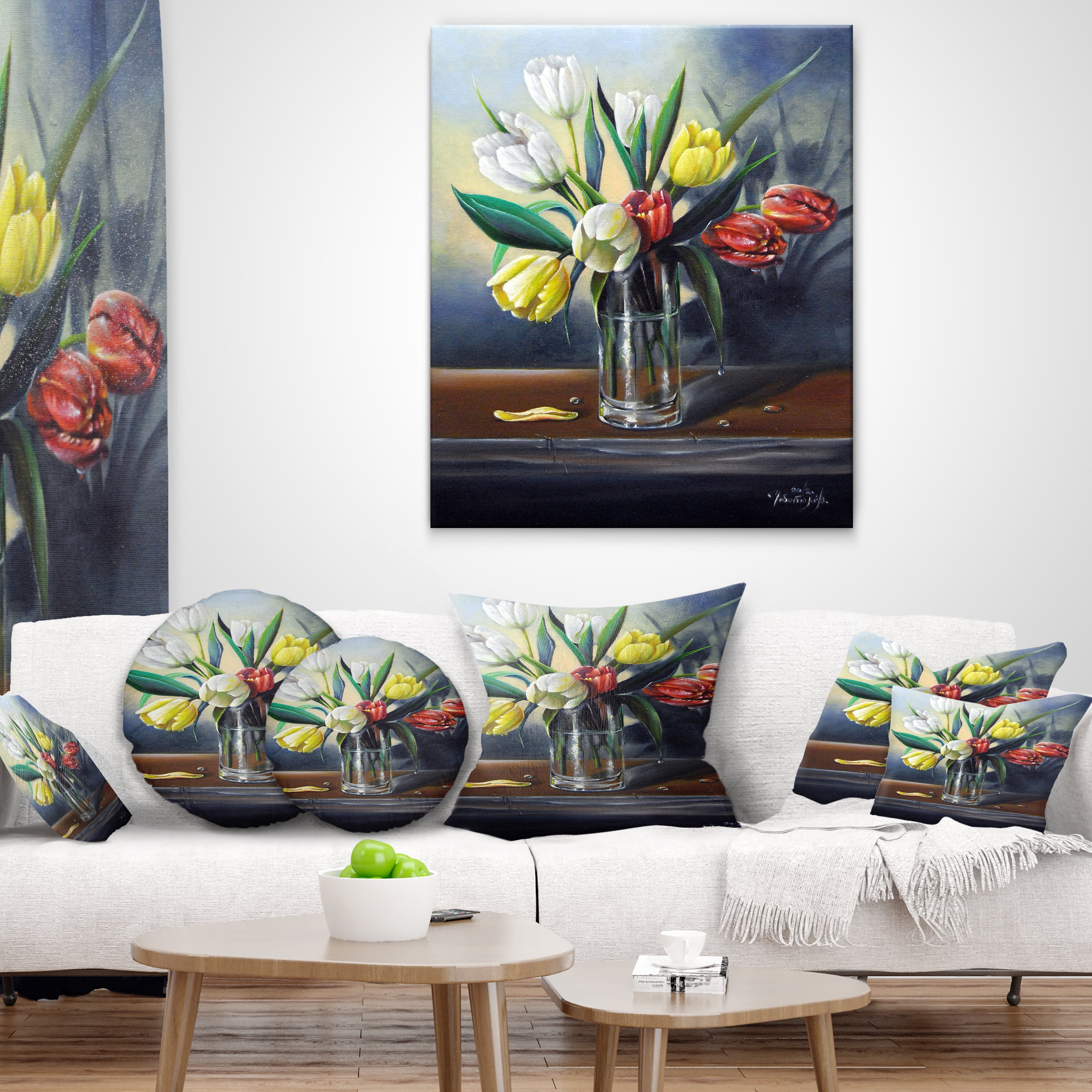 Designart Red White Yellow Tulips - Floral Painting Throw Pillow - 18x18