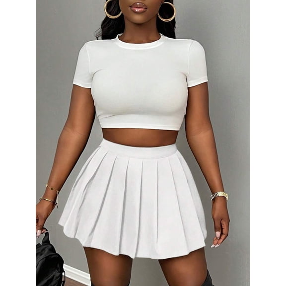 White Pleated Mini Skirt With Crop Top Set Womens Casual A-Line Skirt