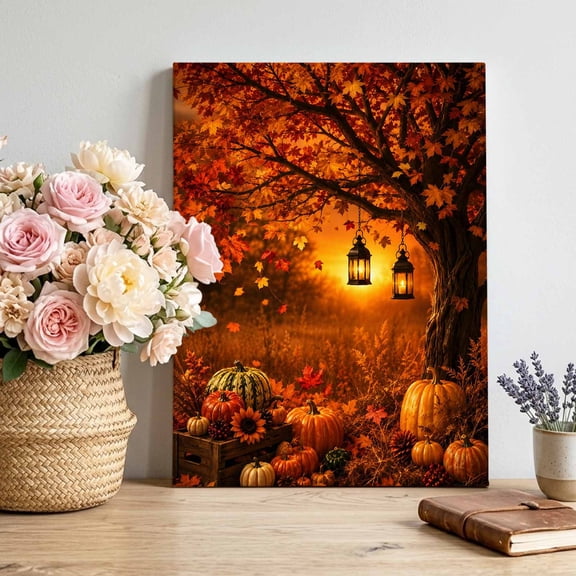 Thanksgiving Canvas Wall Art for Living Room, Fall Harvest Farm Red Maple Tree Pumpkins Sunflower Poster Print Painting for Bedroom Office Home Decoration Wall Pictures Prepare To Hang 11"x14"