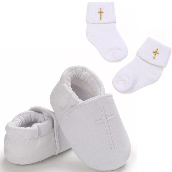 MODANU 1 Pair Baby Baptism Shoes and Socks, Soft Sole White Christening Sneaker Socks, 4.33 inch/11cm