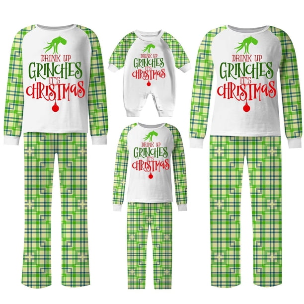 Conjuntos de pijamas navideños familiares a juego Grinch 2024, pijama de Grinch con parte superior y pantalones de pijama a cuadros, pijama de Grinch para niños y adultos para la familia, Mujer M
