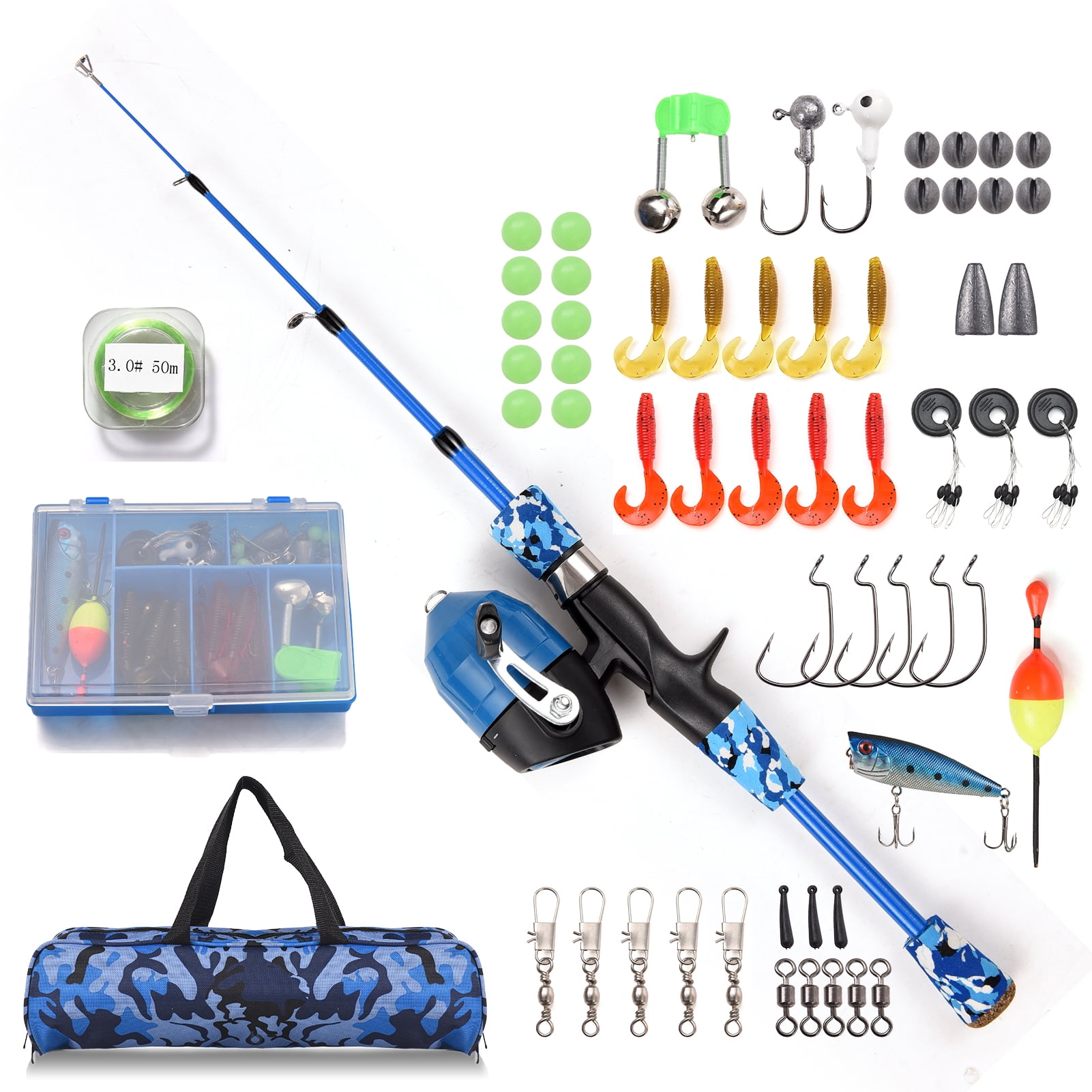 Owsoo Fishing Rod and Reel Combo Full Kit 1.2m1.5m Telescopic Casting Rod Pole with Spincast Reel and Hooks Lures Swivels Carry Bag, Blue