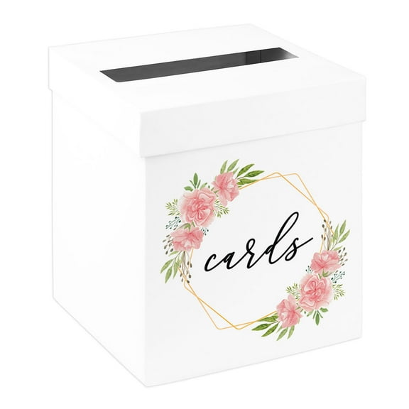 Koyal Wholesale Sturdy White Wedding Day Card Box Geometric Pink Florals Wedding Gift Boxes for Cards 10x10x10 Inches