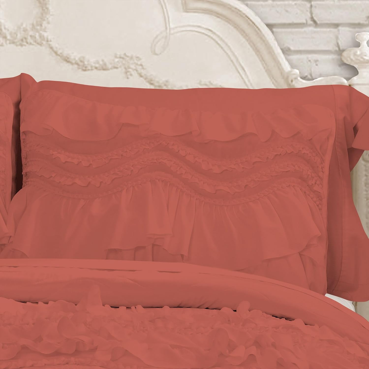 D.N.G. BEDDINGS 800 Thread Counts, 100% Egyptian Cotton, 550 GSM Microfiber filled Quilt Ruffled With Small Pom Pom Textured 1 Piece Twin/TwinXL Size Comforter, Brick Red