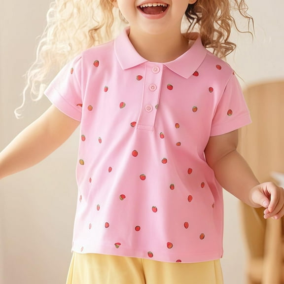 hengsof Girls Short Sleeve Buttoned Casual Tops Girls Fashion Strawberry Fruit Pattern Lapel Shirt Suitable for Summer 2-8 Years
