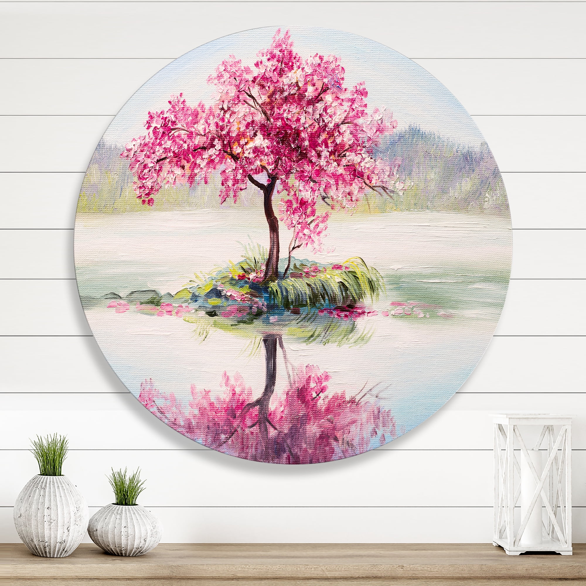 Designart 'Oriental Cherry Pink Tree Sakura On The Lake' Lake House Circle Metal Wall Art 11x11 - Disc of 11