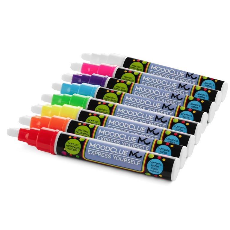 MoodClue Car Window, Glass Marker Pens. Bold Liquid Chalk for Auto Windshields, Mirrors, White + LED Boards. Washable, Erasable. Neon 8pk. 10mm Jumbo Tip - 3 Writing Options.