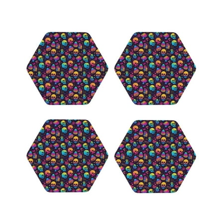 

Coasters Set of 4 - mushroom color Skull Drink Coasters for Tabletop Protection Leather Coasters for Living Room Decor and Housewarming Gift Hexagon