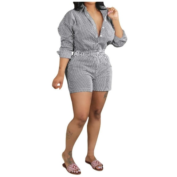 RMGVDSD Womens Summer Striped 2 Piece Outfits Casual Long Sleeve Button Down Shirt And Shorts Set Loose Sets Summer Outfits Travel Tracksuit