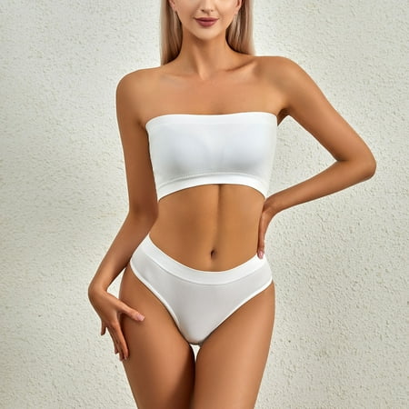 TUWABEII Women s No-steel Ring Gathering No-marking Breathable Tube Top Underwear Briefs Suit Wireless Lift T-Shirt Bra