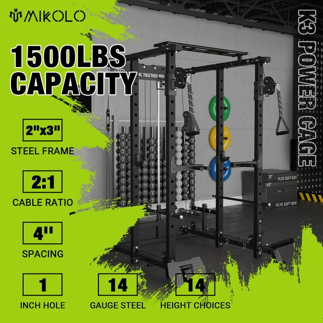 Mikolo Power Rack Cage, 1500 lbs Weight Rack with Cable Crossover Machine,Multi-Function Squat Rack with J Hooks,Dip Bars and Landmine for Home Gym (Black) - image 2 of 7