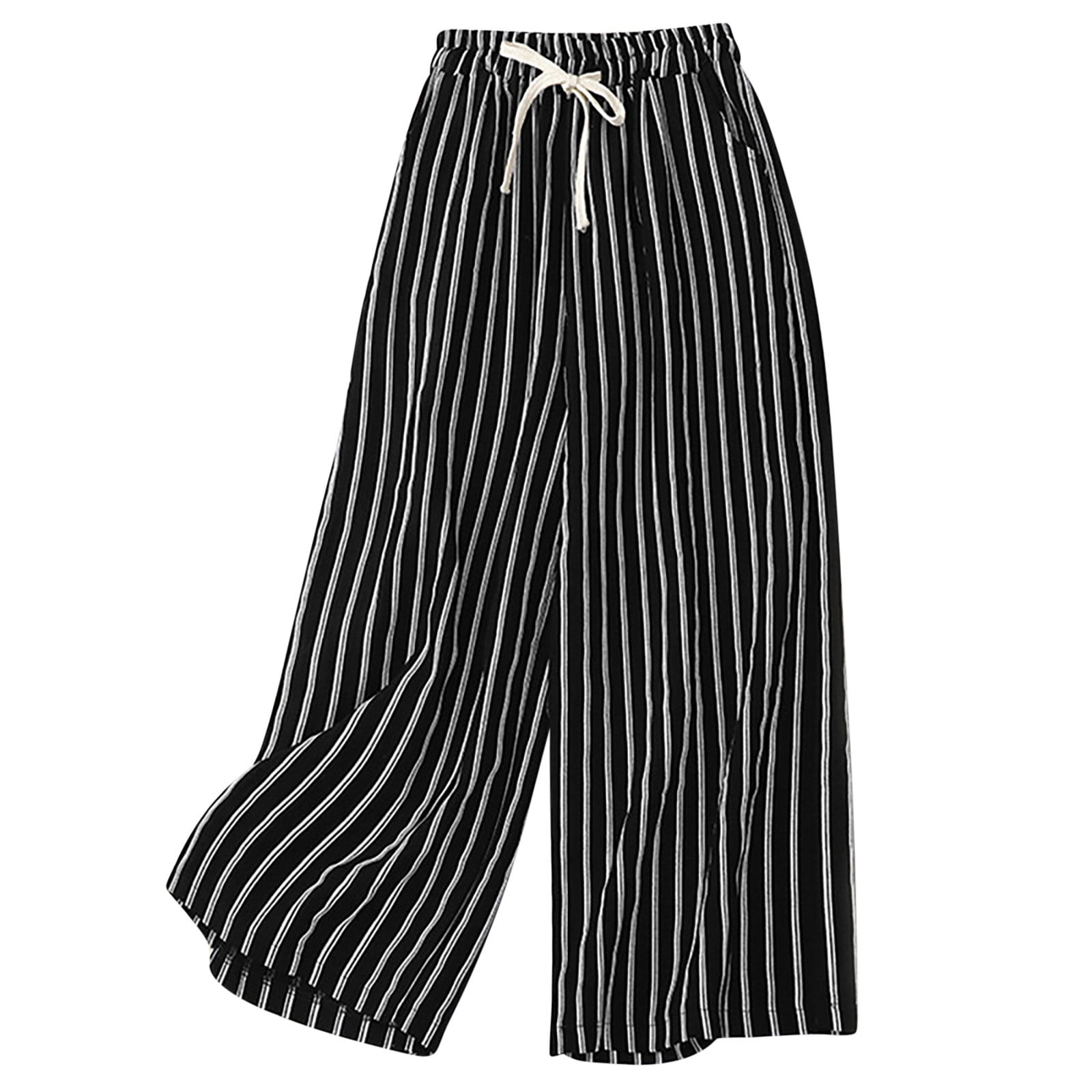 Lolmot Retro Cotton Linen Striped Wide-Legged Pants Women Thin Drape ...