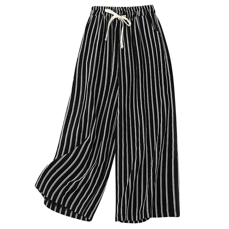 Plus Size Linen Pants For Women Striped Printed Wide Leg Elastic Waist  Summer Casual Baggy Loose Pantalones with Pockets(Black,M) 