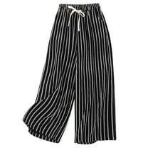 Women's Striped Wide Leg Lounge Pants Cotton Linen Palazzo Summer Elastic Waist Casual Pant Trousers With Pockets (L, Black)