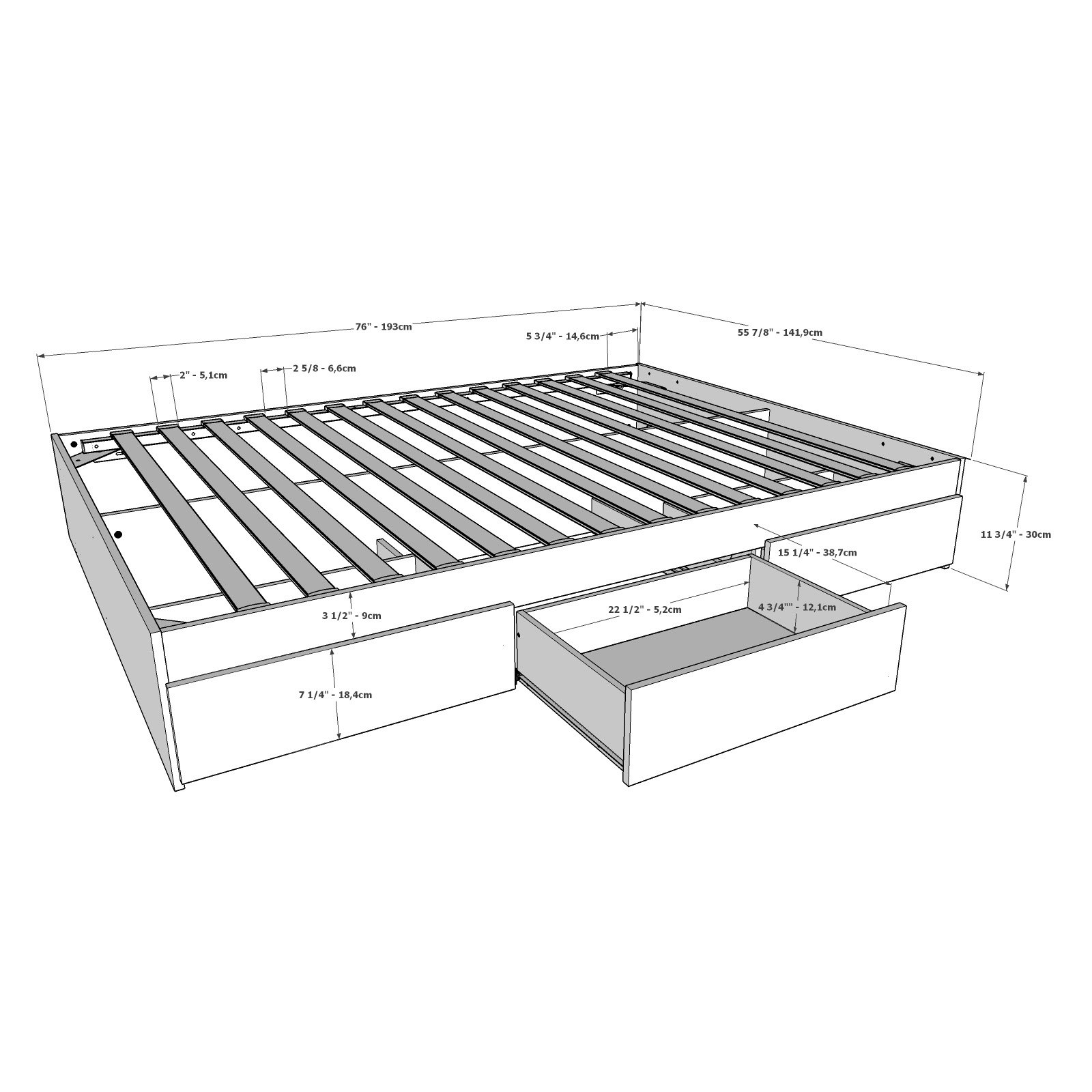 Nexera Twin Size Storage Wood Bed Frame with 3 Drawers, Bark Gray