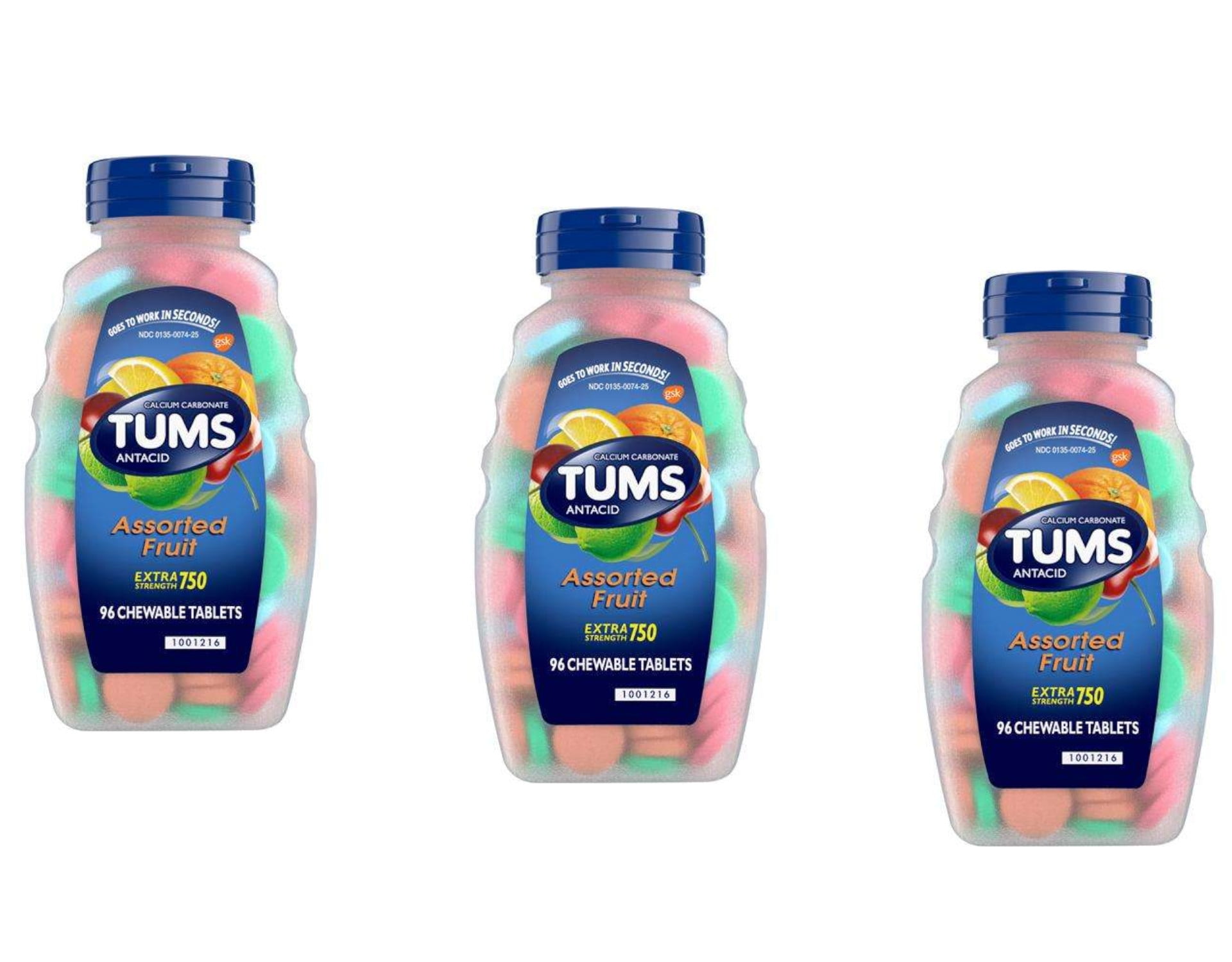 Tums Extra Strength 750 Antacid Chewable Tablets, Assorted Fruit, 96 Ea, 3 Pack