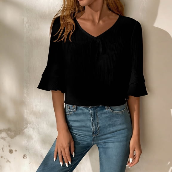 Vekome Womens 3/4 Sleeve Tops Plus Size Shirts Loose V Neck Casual Tee Shirts Solid Color Summer Pullover Tops Black L