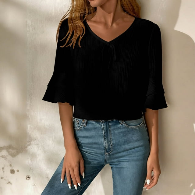 HongQid 3/4 Length Sleeve Womens Tops V Neck Blouse Ruffle Sleeve Shirts Fashion Tunic Tees Summer Clothes