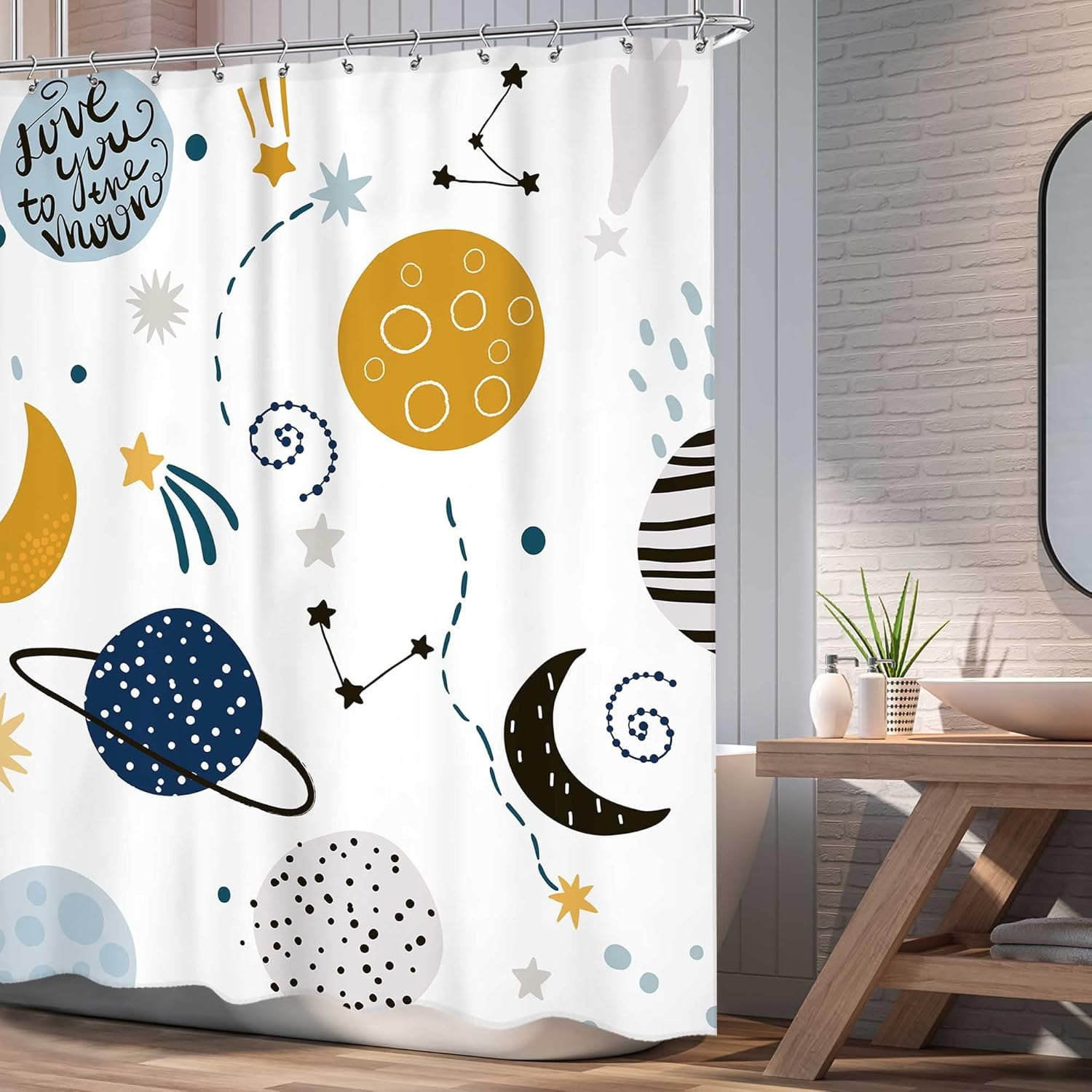 Kids Boys Shower Curtain Cartoon Planet Cute Universe Galaxy Space Moon Kid Shower Curtain Bathroom Set Baby Print Cosmos for Boys Girls Kids Bath Curtain Accessories Decor 72Wx72L
