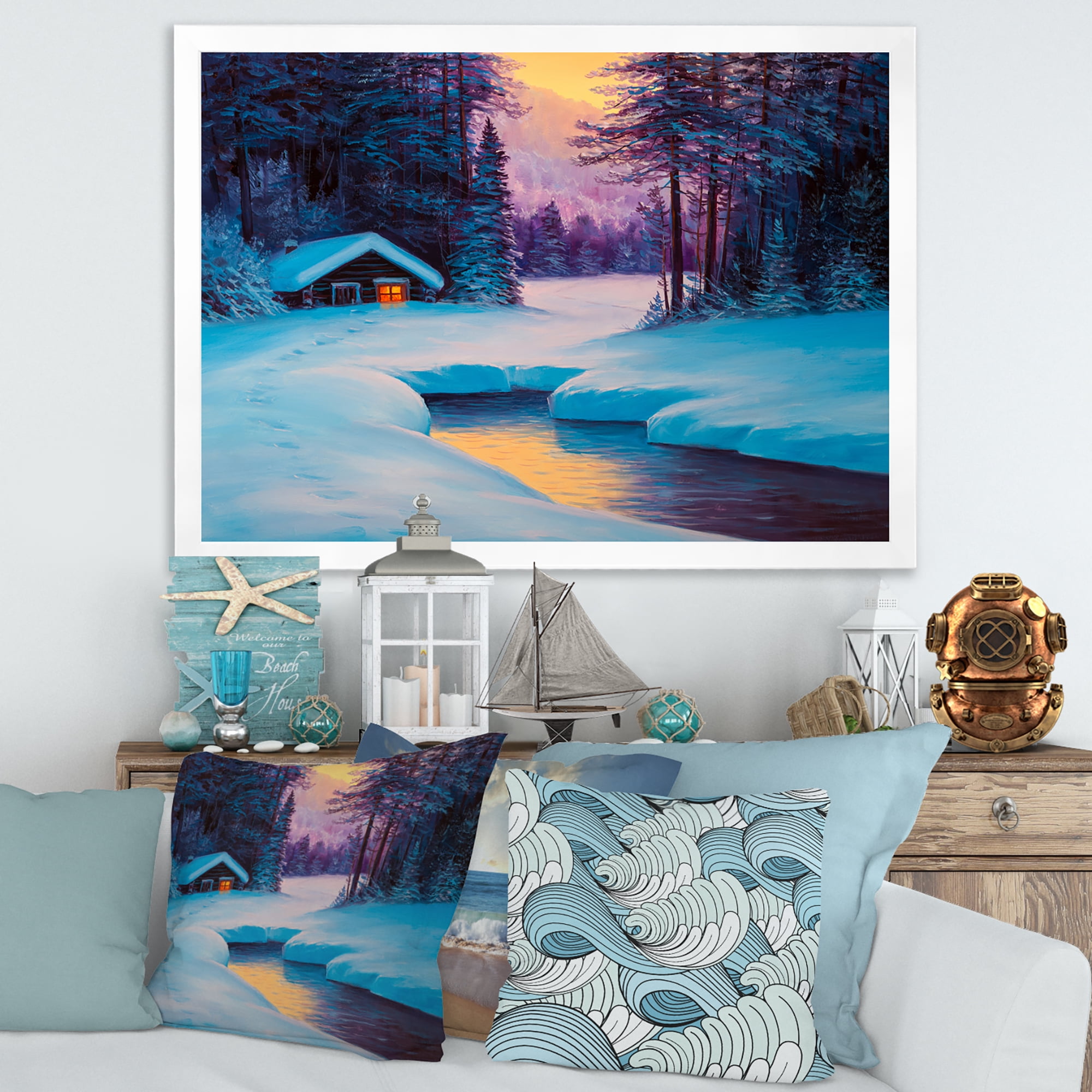 Designart 'Old Cabin In Winter Forest In Evening Glow II' Traditional Framed Art Print
