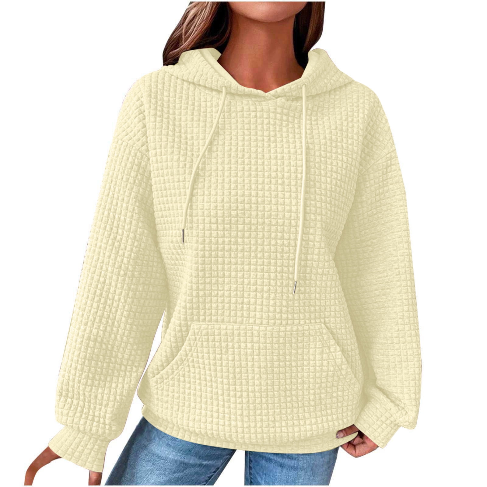 SZJXBUY Waffle Pullover Hoodie Women,Hoodies for Women Casual Pullover Waffle Long Sleeve Drawstring Hooded Sweatshirt with Pocket 2024 Beige,M