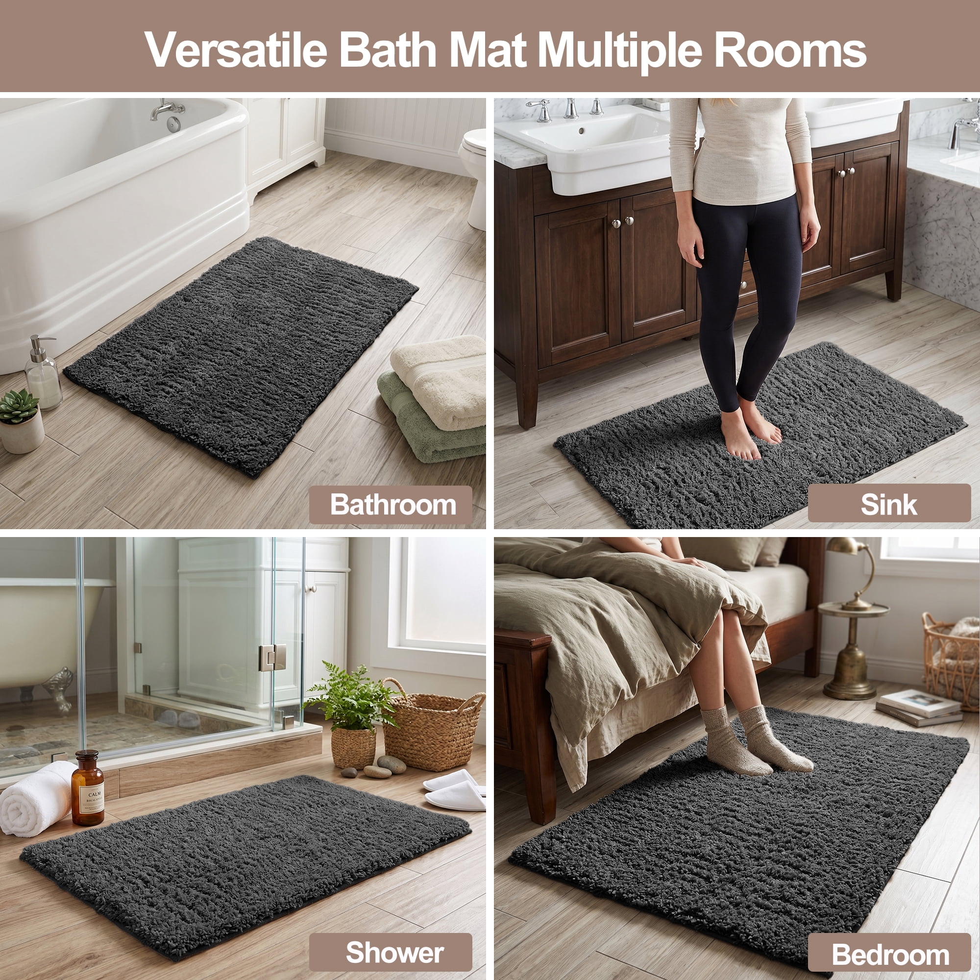 XWZO Bathroom Mat 1 Piece for Shower Floor, High Pile Absorbent Non Slip Bath Rug with Rubber Backing, Dark Grey, 20x31 Inch