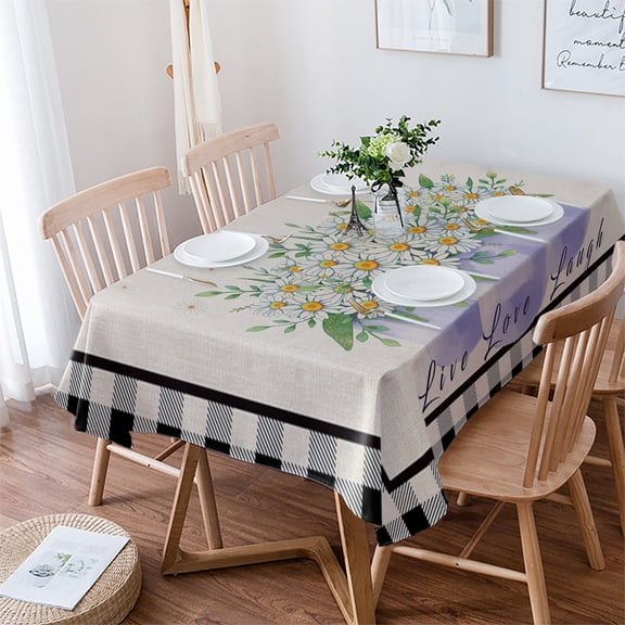 French Country Floral, Tablecloth Rectangle Table Cloth 60x102 , Waterproof Tablecloth Outdoor Table Cloth, Purple Daisy Farmhouse Black White Check Washable Table Cover for Kitchen Dining Party