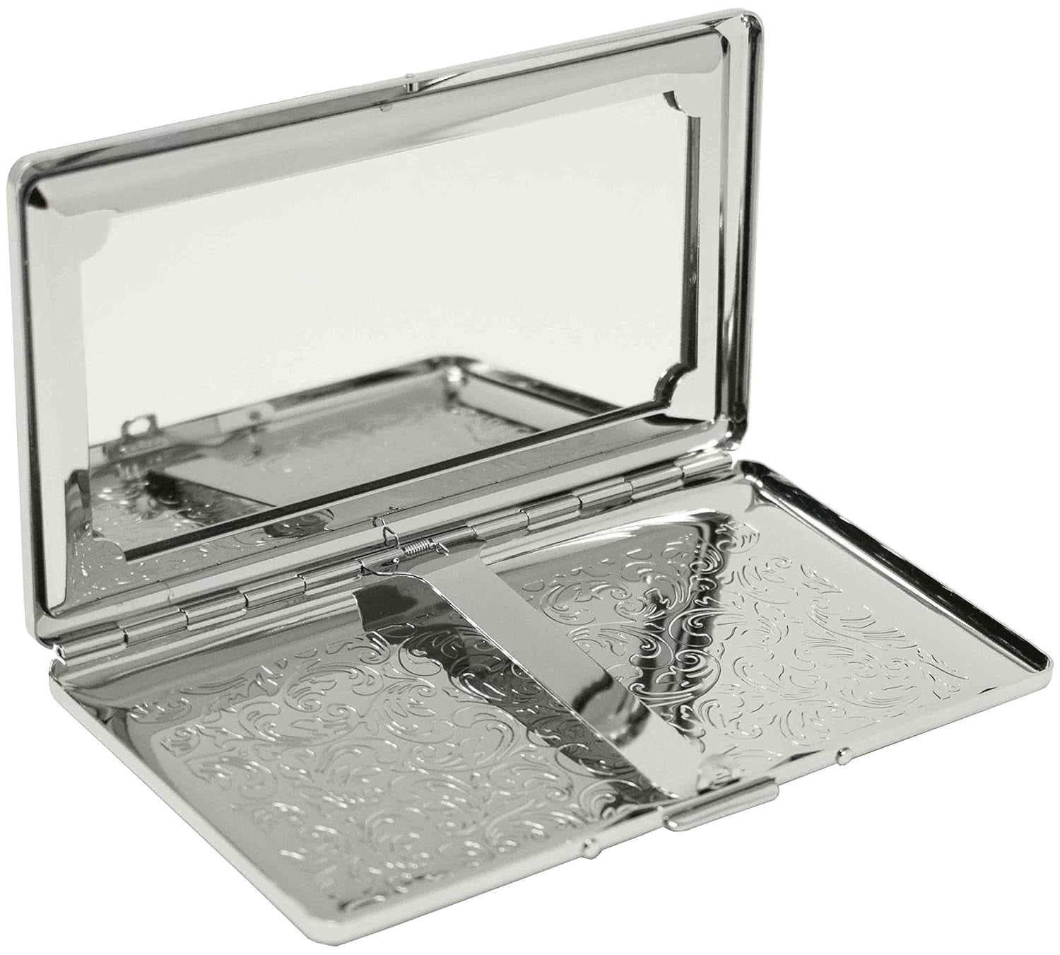Set of 2 Metal-Plated 120s Compact Cigarette Case & Personal Mirror (Silver Victorian Print)
