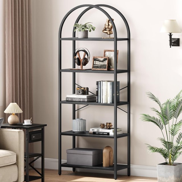 Bookcase 5-Tier Arched Metal Bookshelf – Tall Open Storage Rack for Bedroom, Living Room, Home and Office
