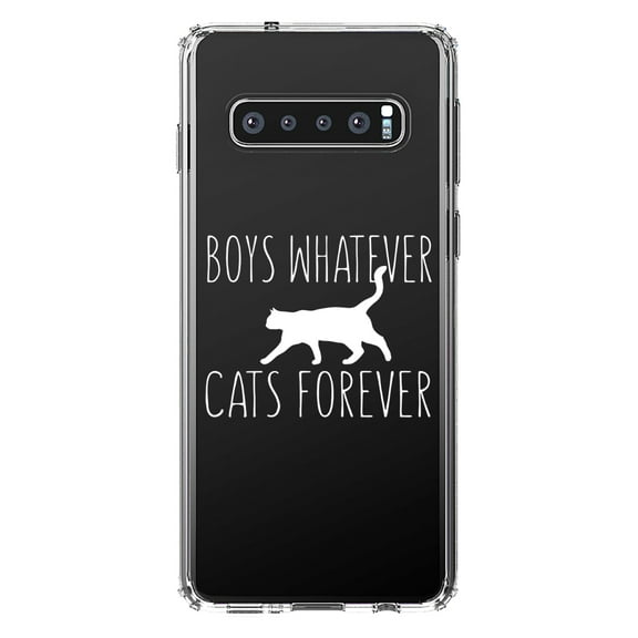 DistinctInk Clear Shockproof Hybrid Case for Samsung Galaxy S10  PLUS (6.4" Screen) - TPU Bumper Acrylic Back Tempered Glass Screen Protector - Boys Whatever, Cats Forever