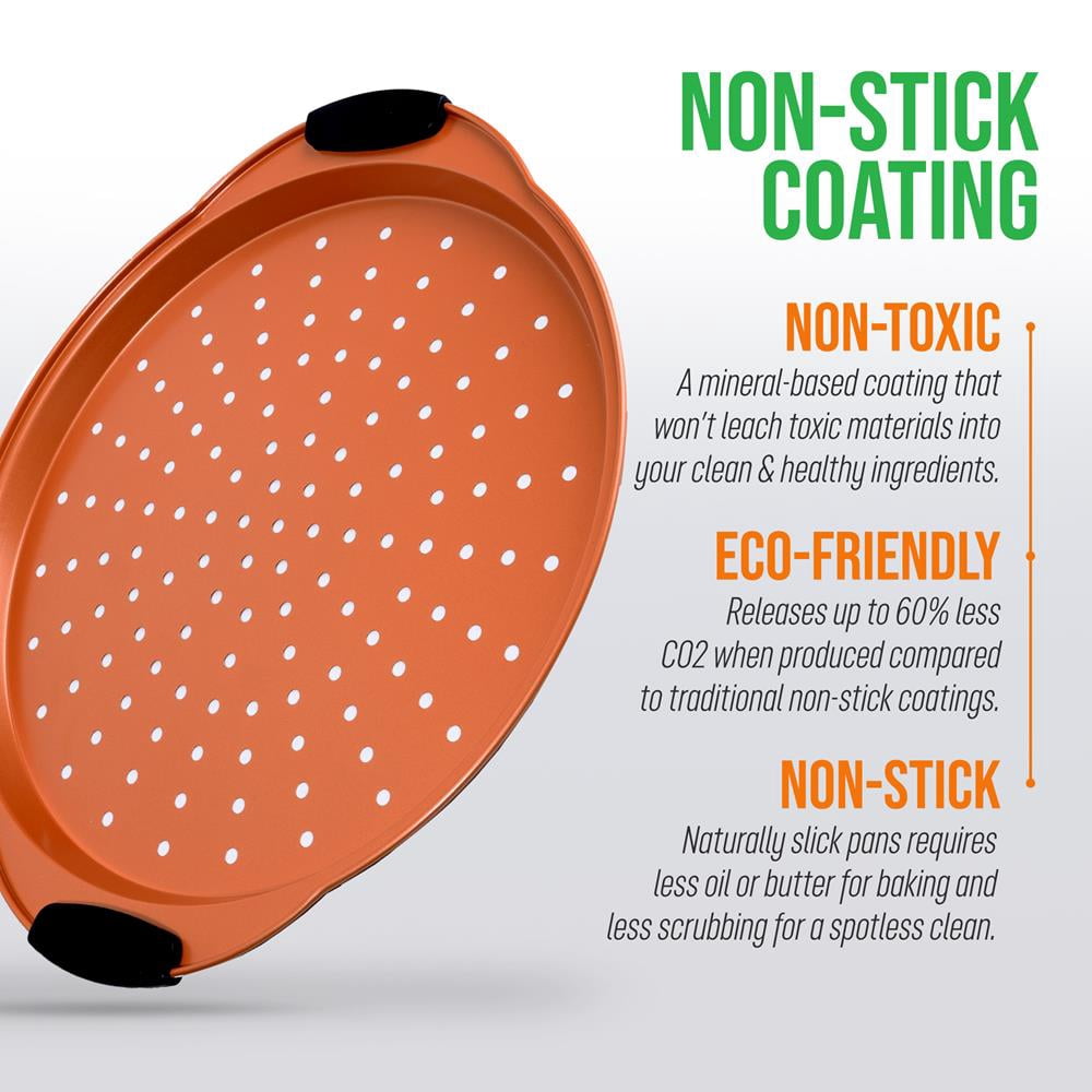 NutriChef Non-Stick Pizza Tray - with Silicone Handle, Round Steel Non-stick Pan with Perforated Holes, Premium Bakeware, Pizza Tray with Silicone and Oversized Handle, Dishwasher Safe - NCBPIZ4