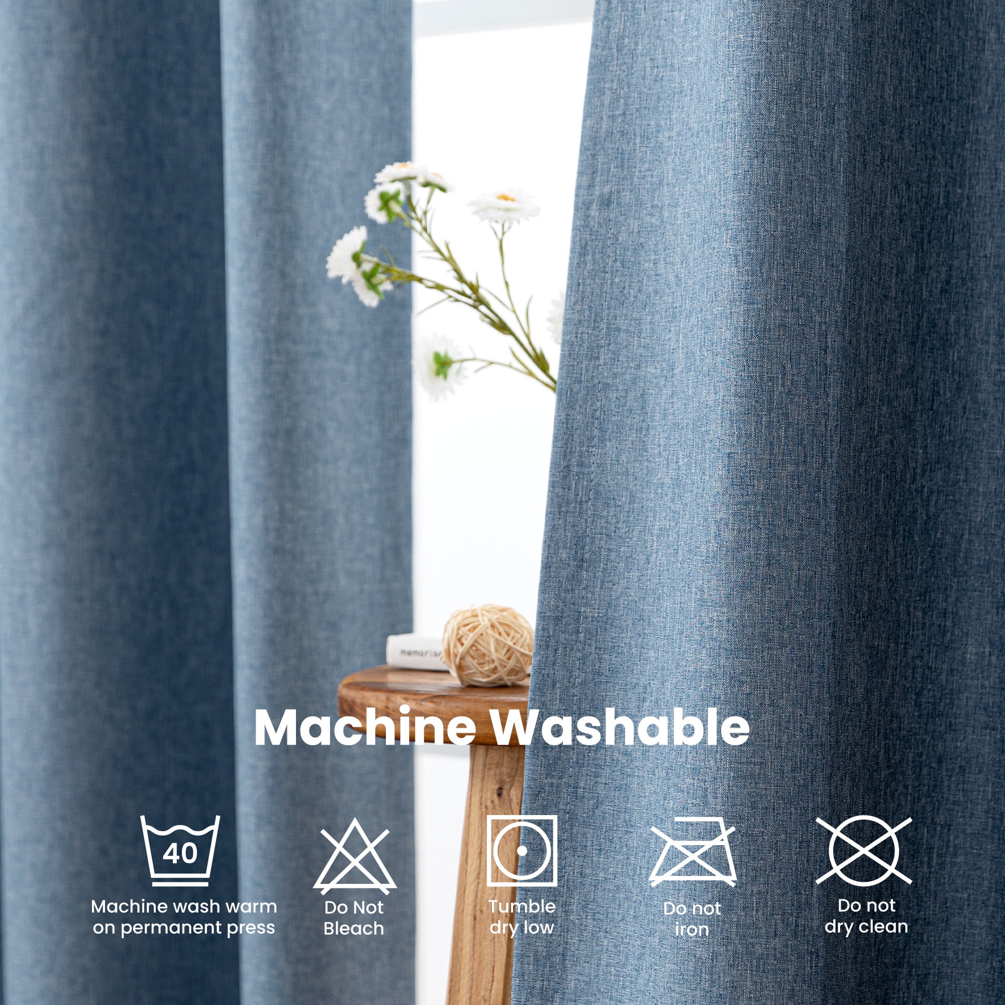 Sleep Zone Linen Look 100% Blackout Curtains for Bedroom Windows Living Room Darkening Thermal Insulated Drapes 2 Panels, 42" x 63" Blue