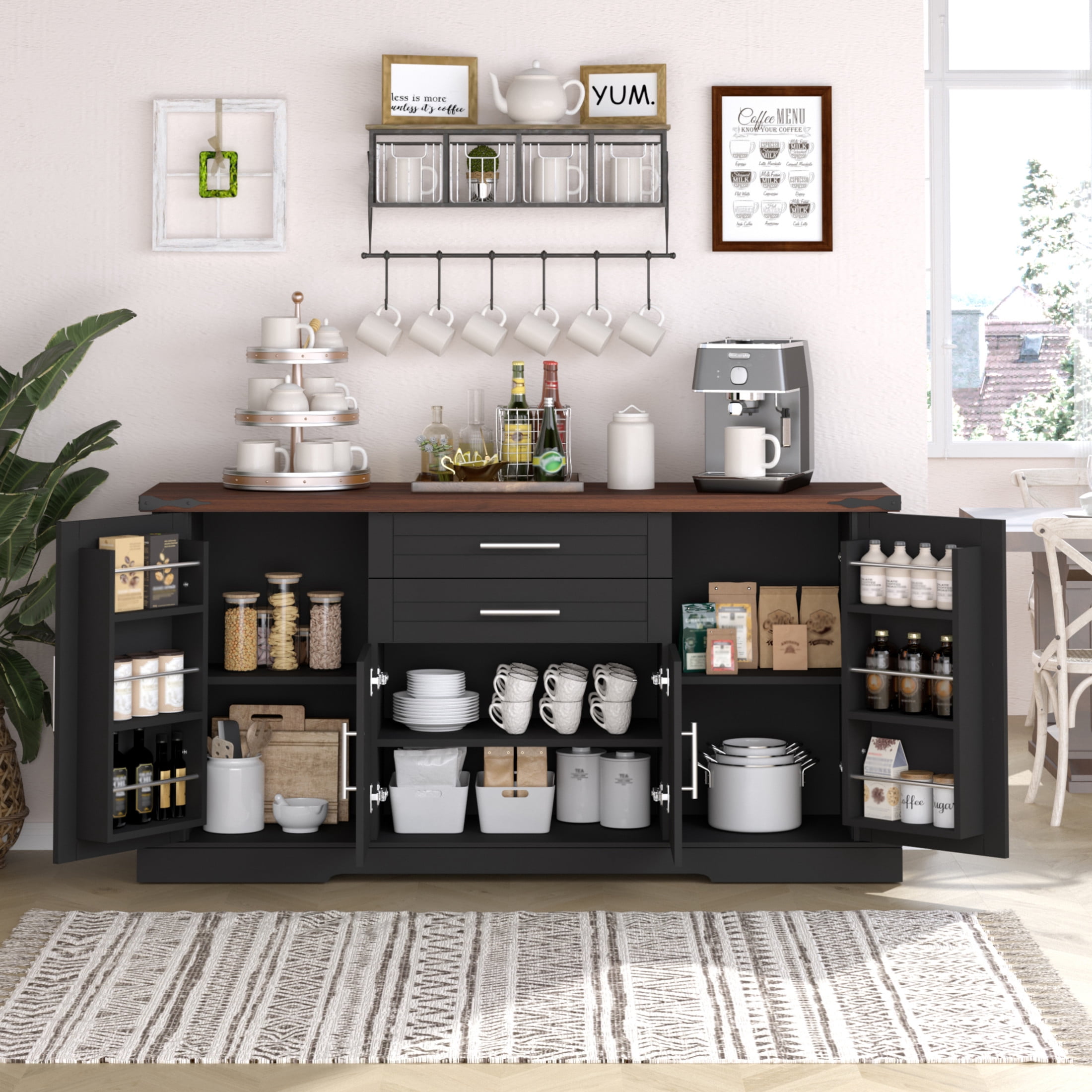 Noble House 63" Farmhouse Buffet Cabinet with 2 Drawers, Adjustable Shelves and Door Racks, Black